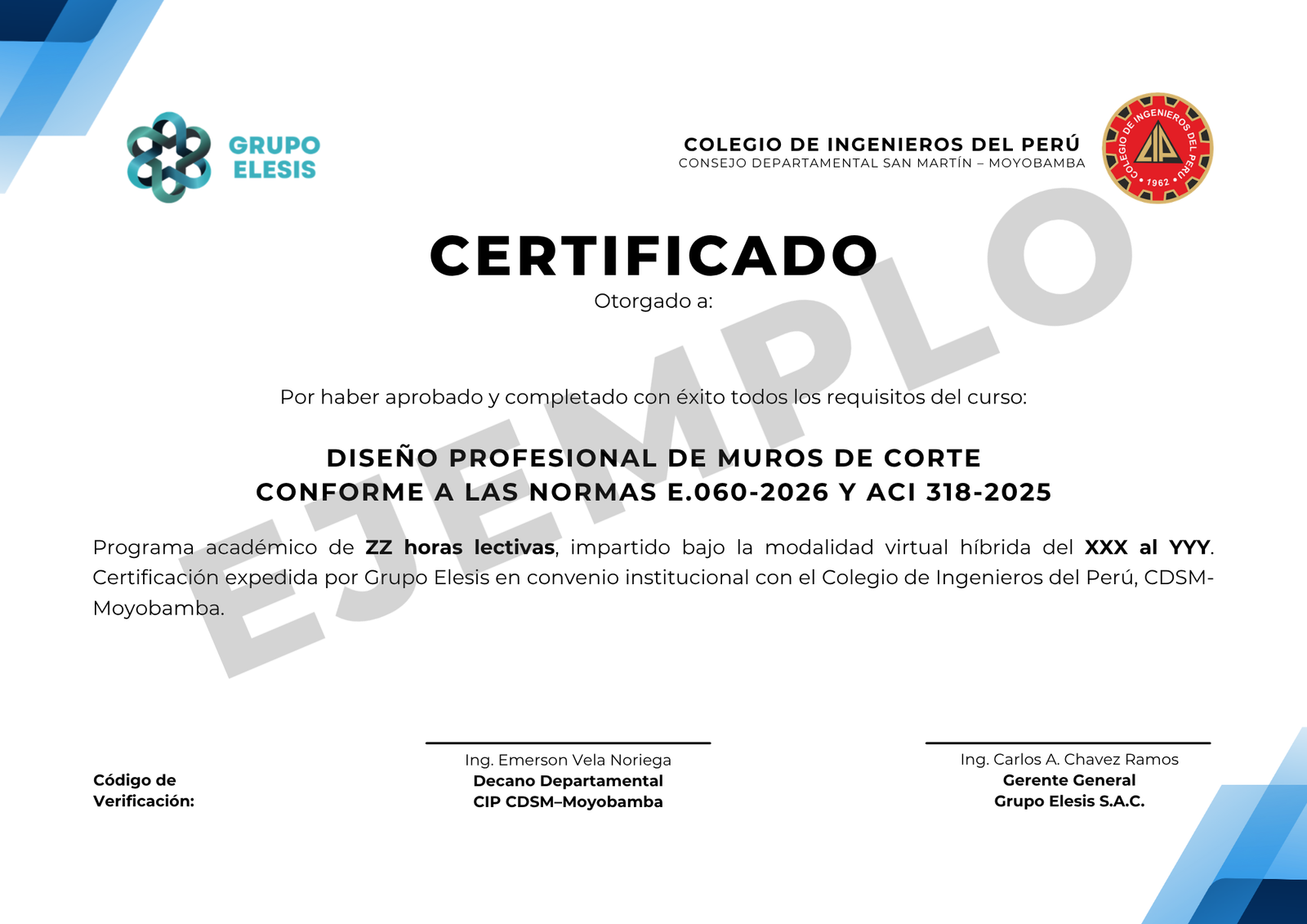 Ejemplo del certificado del curso