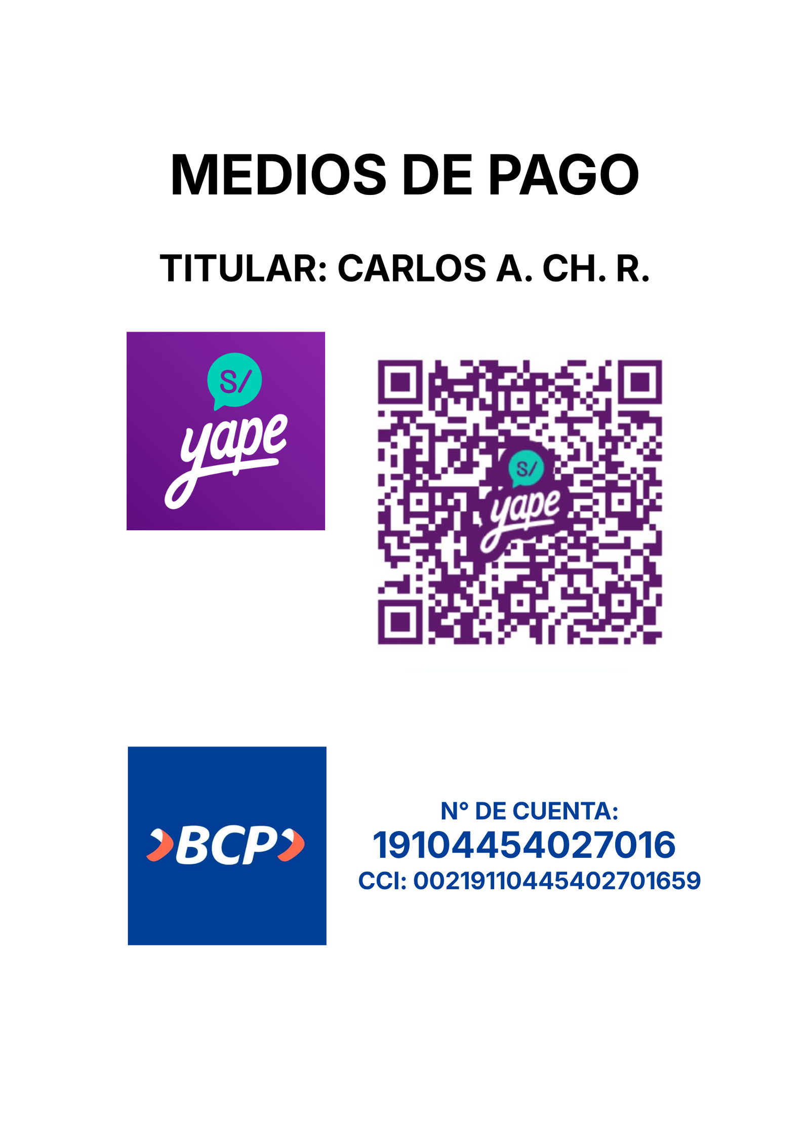 Medios de pago: Yape y cuenta BCP a nombre de Carlos A. Chávez Ramos, gerente general de Grupo Elesis S.A.C.